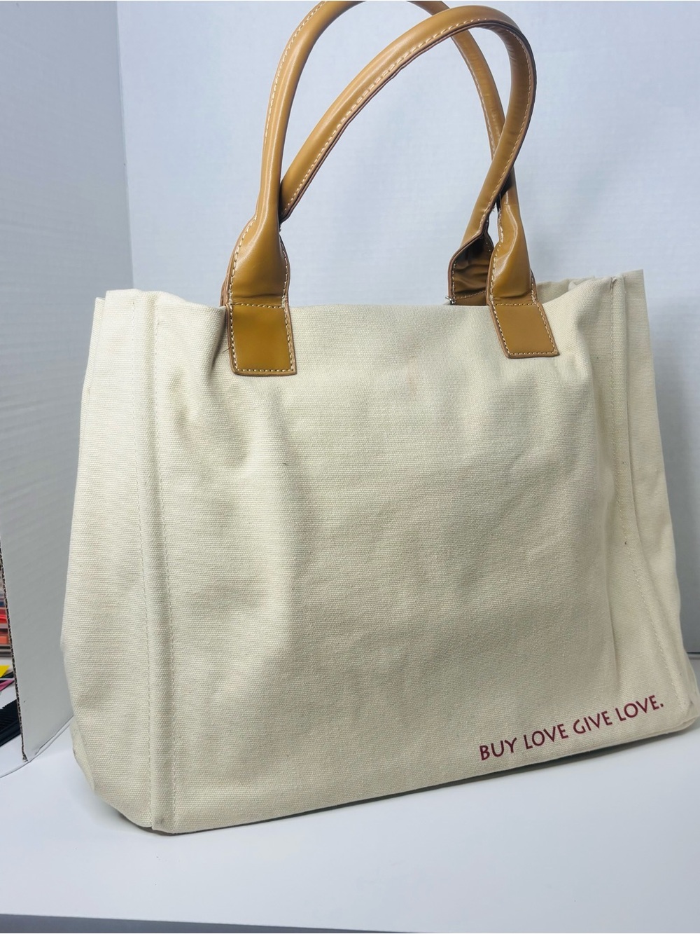 Cream Canvas Tote with Tan Handles - Picture 4 of 9